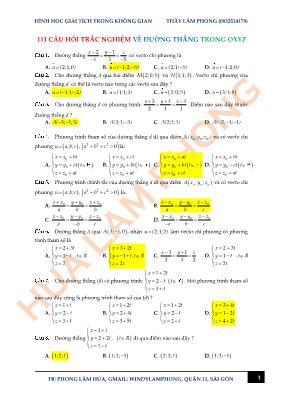 111 câu hỏi trắc nghiệm về đường thẳng trong oxyz